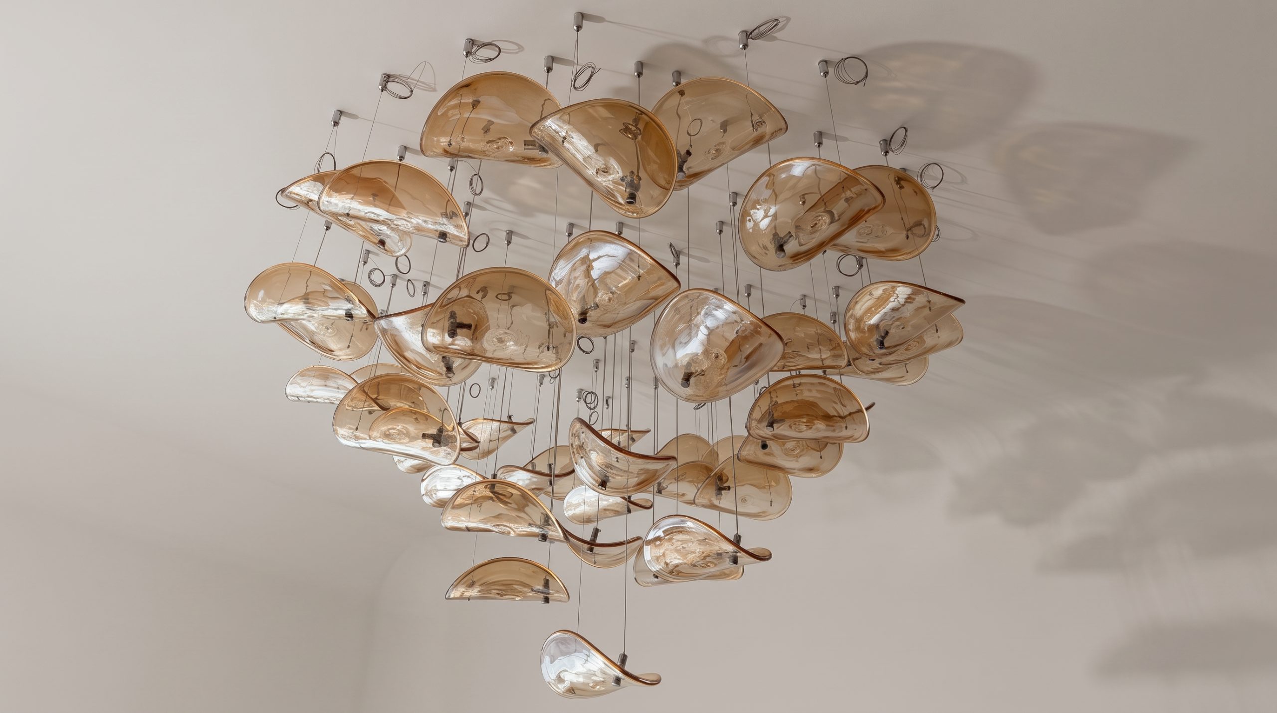 Cluster pendant of curved amber glass leaf elements on individual suspension wires