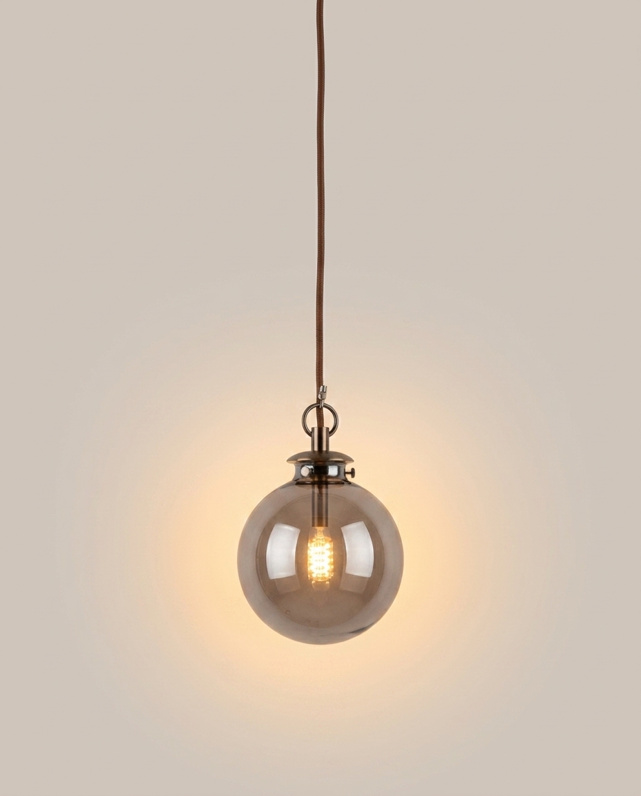 Smokey-grey glass globe pendant, lit, on a neutral background
