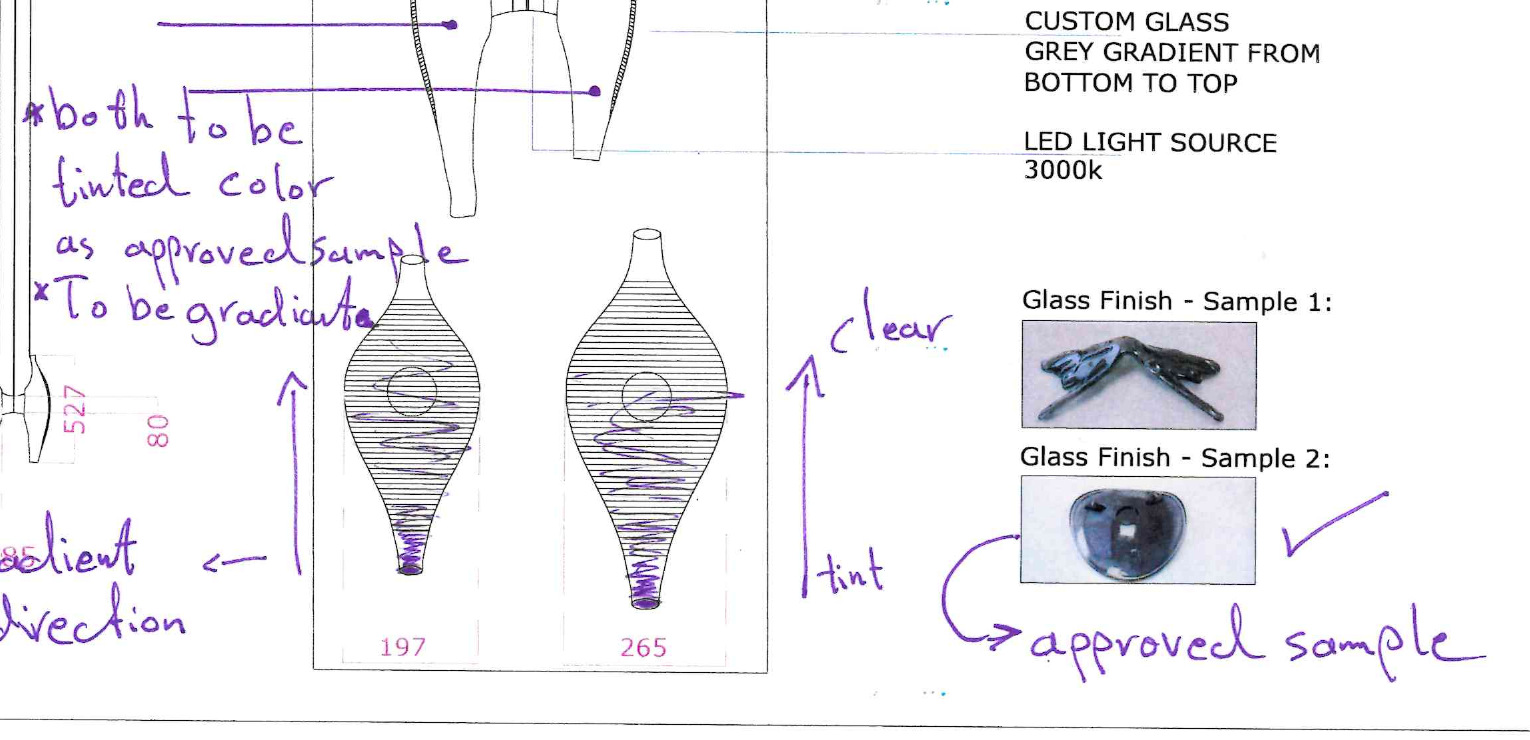 Detail of the approved drawing showing two glass finish samples and the handwritten words clear at the top and tint at the base